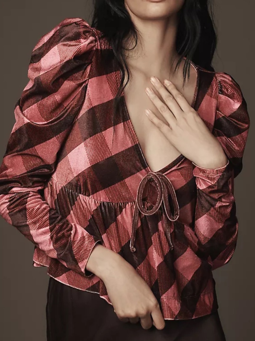 Maeve Pink and Brown Buffalo Plaid Puff-Sleeve V-Neck Top